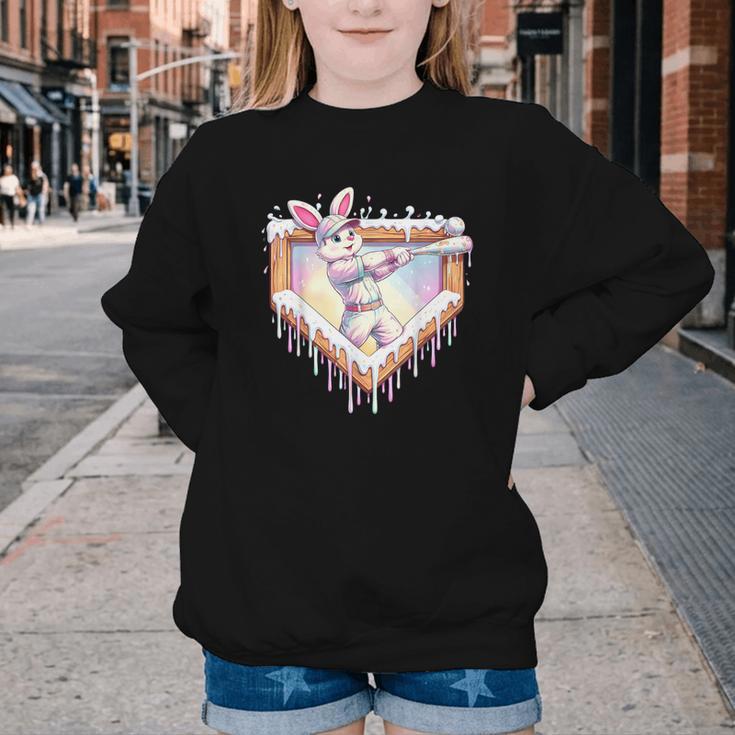 Kids Happy Easter Bunny Playing Baseball Boy Ice Cream Drip Youth Crewneck Sweatshirt