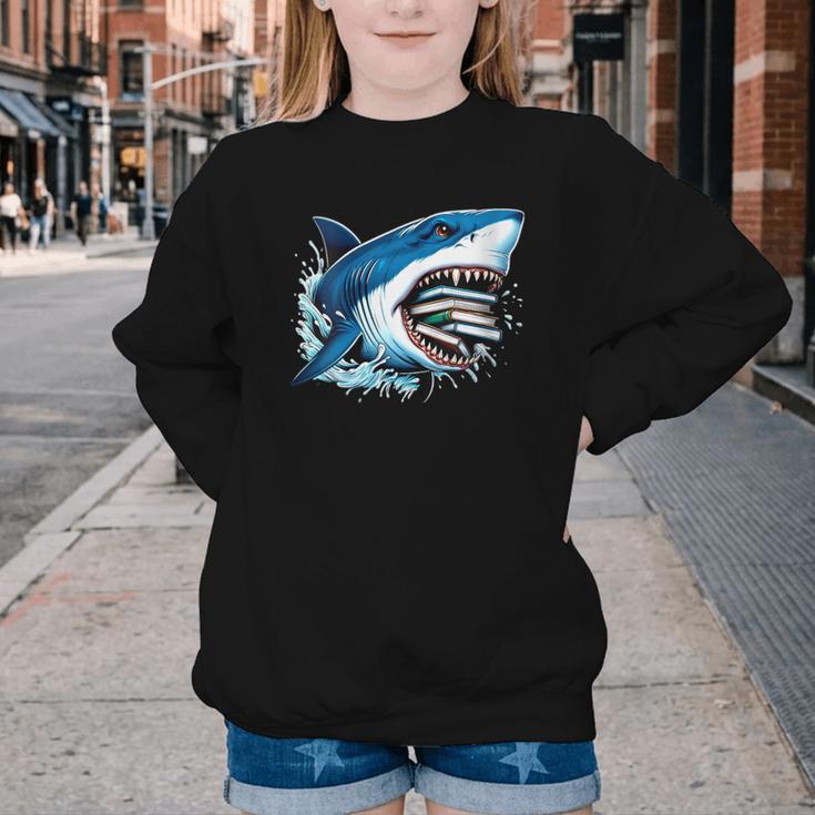 Kids Shark With School Books Back To School Shark Lovers Youth Crewneck Sweatshirt Kids Shark With School Books Back To School Shark Lovers Youth Crewneck Sweatshirt