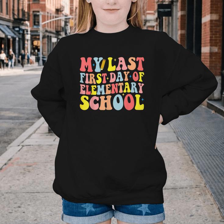 My Last First Day Of Elementary School Groovy Back To School Youth Crewneck Sweatshirt