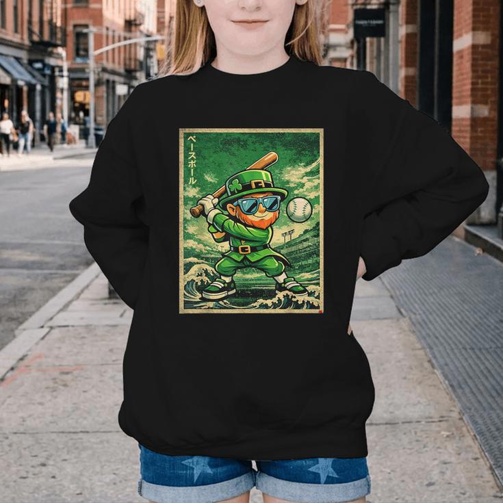Leprechaun Playing Baseball Japanese Art St Patricks Day Youth Crewneck Sweatshirt