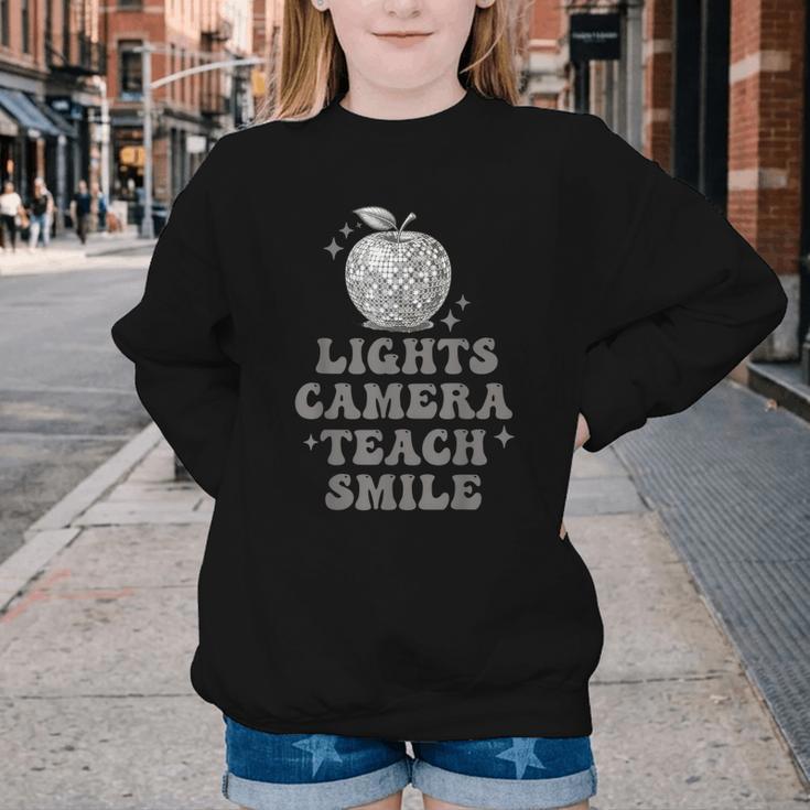 Lights Camera Teach Smile Disco-Ball Back To School Outfit Youth Crewneck Sweatshirt