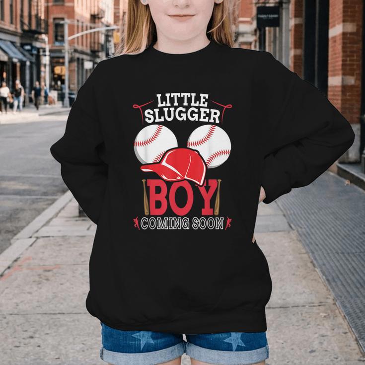Little Slugger Boy Coming Soon Baby Announcement Baseball Youth Crewneck Sweatshirt