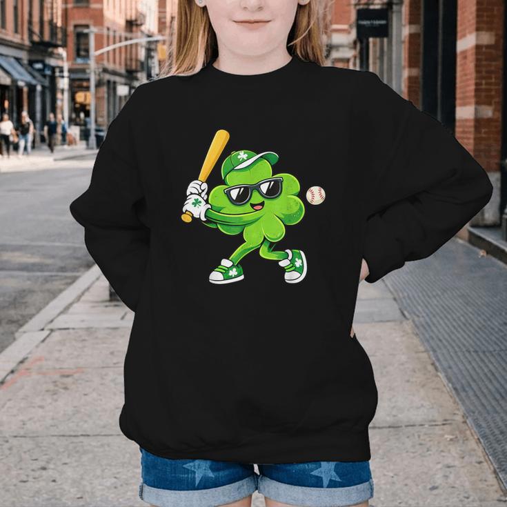 Lucky Shamrock Playing Baseball St Patrick's Kids Boys Youth Crewneck Sweatshirt