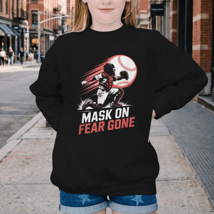 Mask On Fear Gone Baseball Catcher Softball Youth Crewneck Sweatshirt