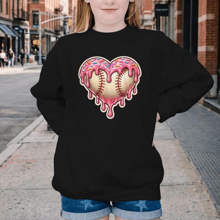 Melting Baseball Drip Heart Softball Player Lover Ice Cream Youth Crewneck Sweatshirt