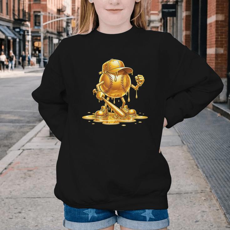 Melting Baseball Mascot Slugger Bat Cap Cartoon Youth Crewneck Sweatshirt Melting Baseball Mascot Slugger Bat Cap Cartoon Youth Crewneck Sweatshirt