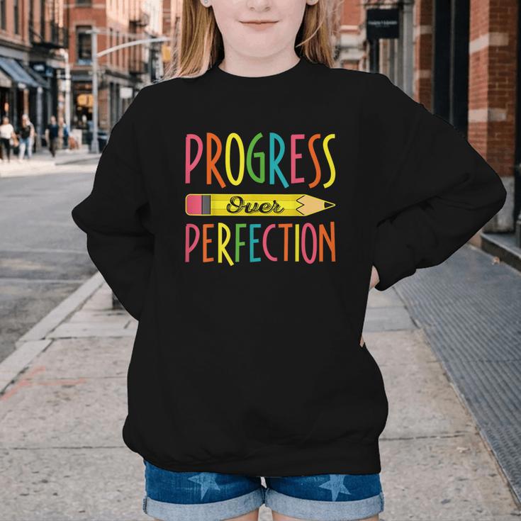 Motivational Quotes Back To School Progress Over Perfection Youth Crewneck Sweatshirt