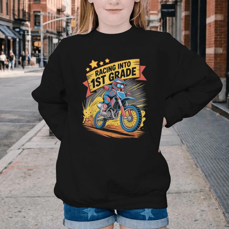 Motocross Dirt Bike Back To School Racing Into 1st Grade Youth Crewneck Sweatshirt