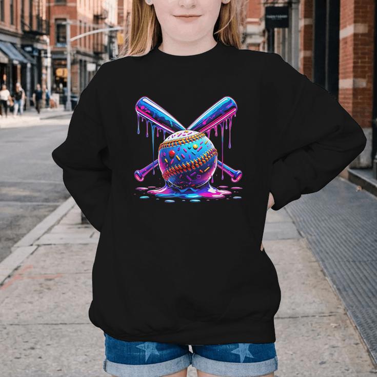 Neon Dripping Baseball And Bats Colorful Sports Art Youth Crewneck Sweatshirt