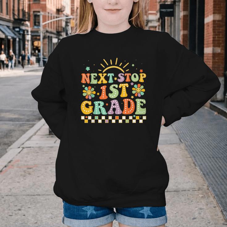 Next Stop 1st Grade Groovy Retro First Grade Back To School Youth Crewneck Sweatshirt Next Stop 1st Grade Groovy Retro First Grade Back To School Youth Crewneck Sweatshirt