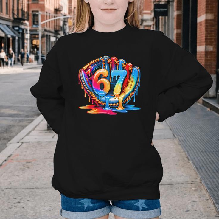 Number 67 Baseball Glove Ice Cream Drip Six Seven Meme Youth Crewneck Sweatshirt