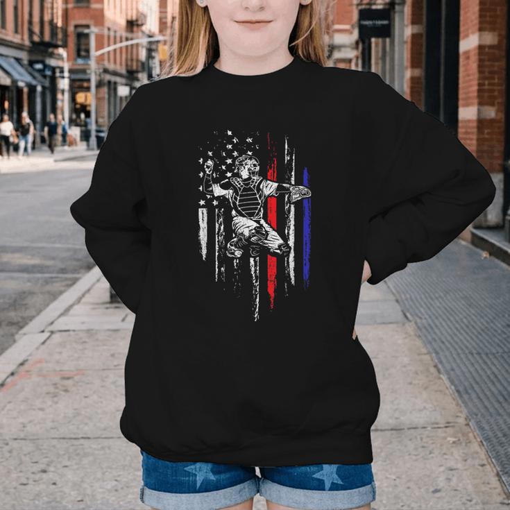 Patriotic Baseball Catcher American Flag Sports Tee Youth Crewneck Sweatshirt Patriotic Baseball Catcher American Flag Sports Tee Youth Crewneck Sweatshirt