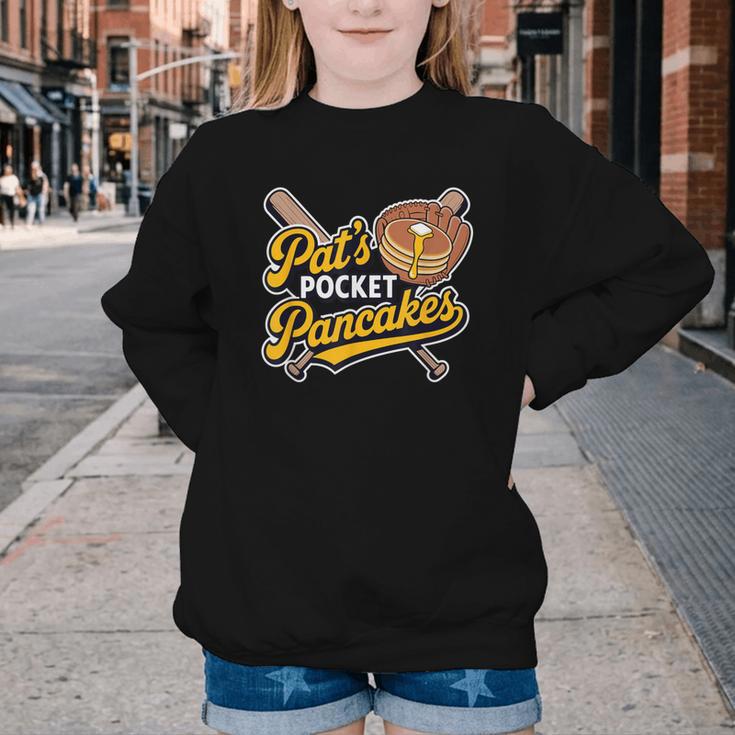 Pat's Pocket Pancakes Baseball Glove Stack Syrup Youth Crewneck Sweatshirt Pat's Pocket Pancakes Baseball Glove Stack Syrup Youth Crewneck Sweatshirt