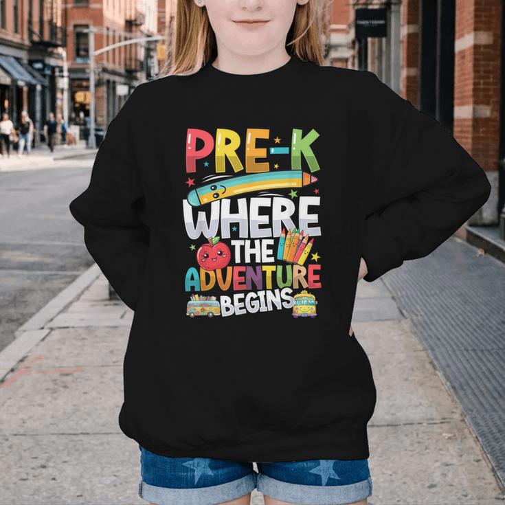 Pre-K Where The Adventure Begins First Day & Back To School Youth Crewneck Sweatshirt Pre-K Where The Adventure Begins First Day & Back To School Youth Crewneck Sweatshirt