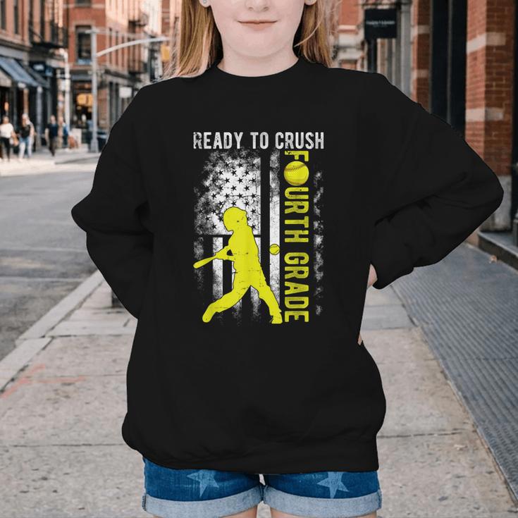 Ready To Crush Fourth Grade Softball USA Flag Back To School Youth Crewneck Sweatshirt Ready To Crush Fourth Grade Softball USA Flag Back To School Youth Crewneck Sweatshirt