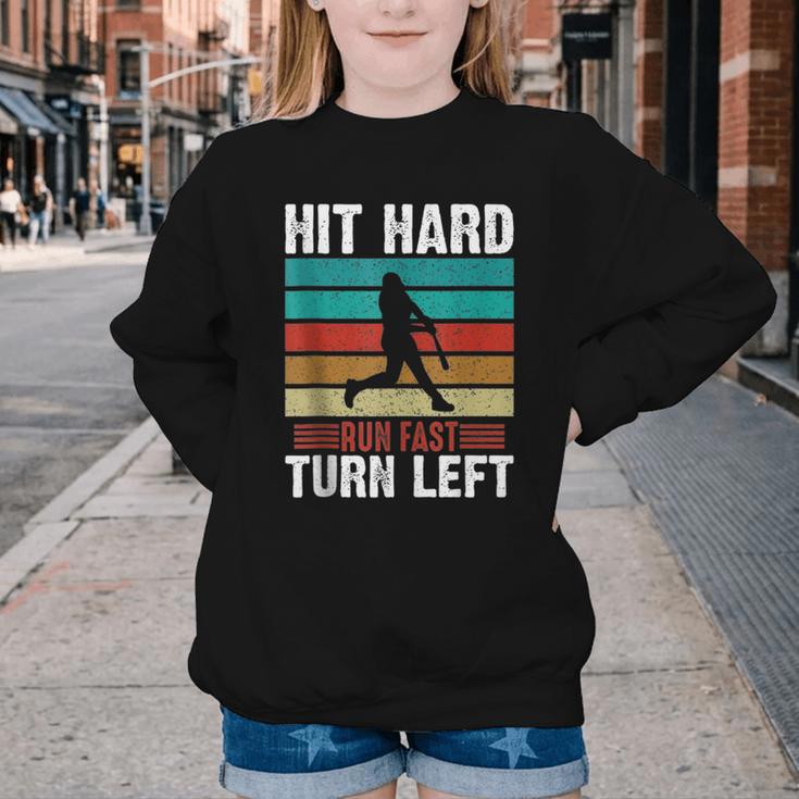 Retro Hit Hard Run Fast Turn Left Baseball Lover Youth Crewneck Sweatshirt