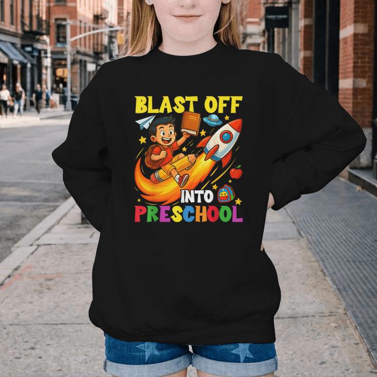 Rocket Blast Off Into Preschool Back To School Youth Crewneck Sweatshirt Rocket Blast Off Into Preschool Back To School Youth Crewneck Sweatshirt