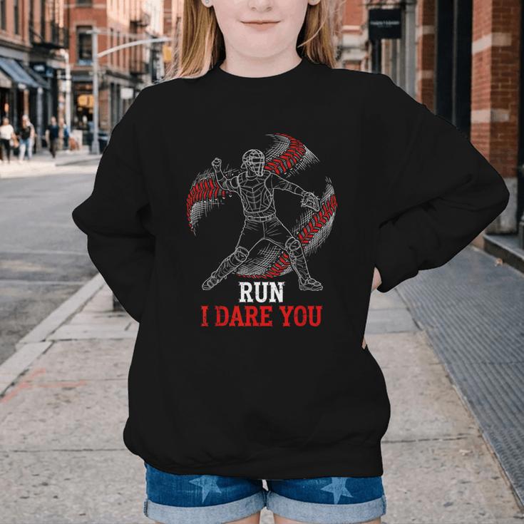 Run I Dare You Baseball Catcher Graphic Players Fans Youth Crewneck Sweatshirt Run I Dare You Baseball Catcher Graphic Players Fans Youth Crewneck Sweatshirt