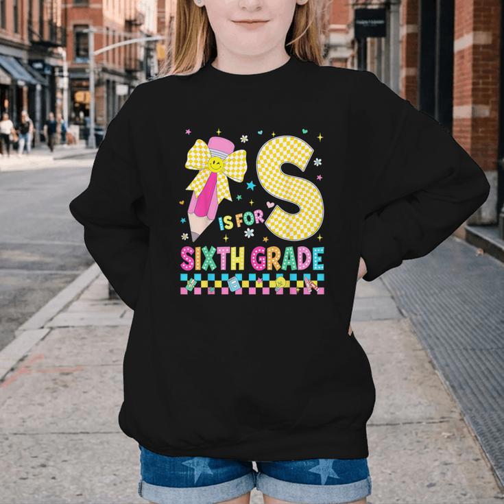 S Is For Sixth Grade Back To School Pencil Bow 6th Grade Kid Youth Crewneck Sweatshirt