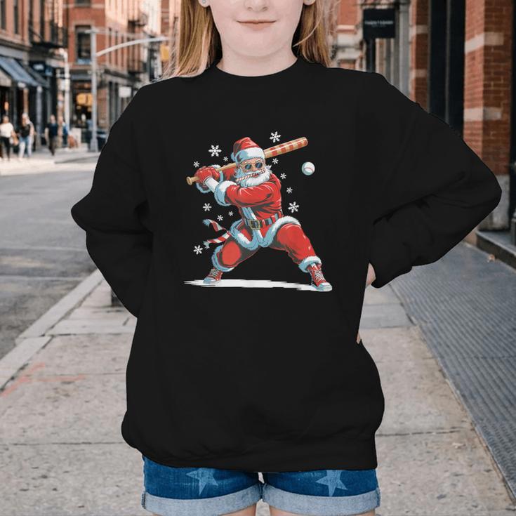Santa Playing Baseball Christmas Candy Cane Fun Xmas Holiday Youth Crewneck Sweatshirt