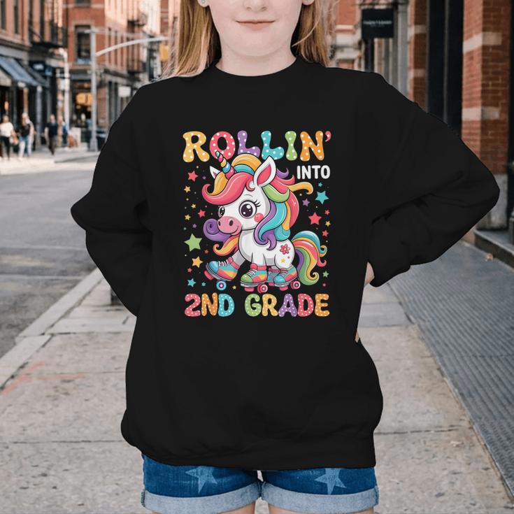 Second Grade Back To School First Day Girls Rollin Unicorn Youth Crewneck Sweatshirt Second Grade Back To School First Day Girls Rollin Unicorn Youth Crewneck Sweatshirt