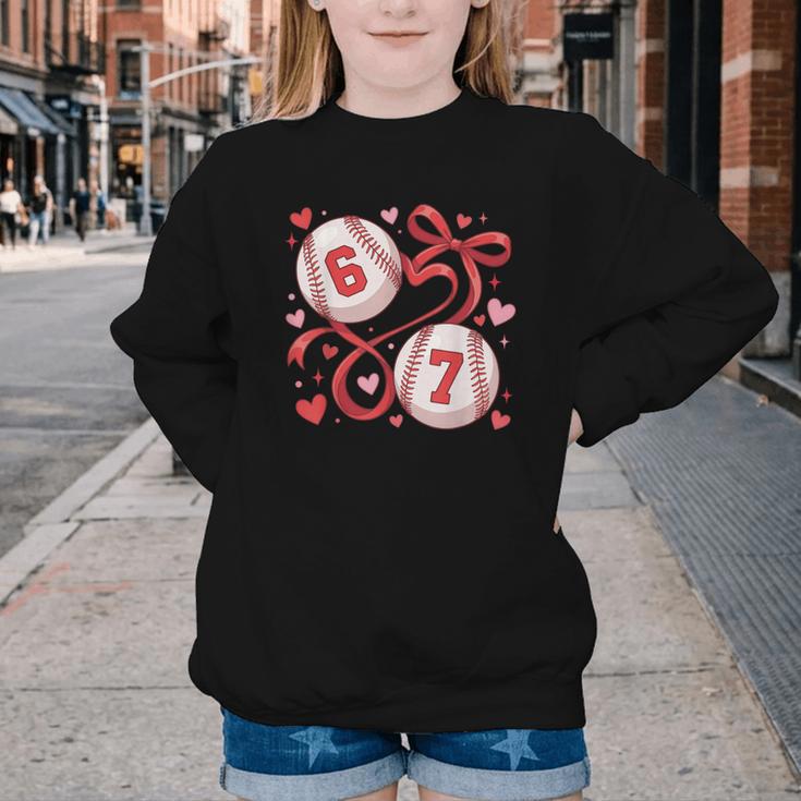 Six Seven Baseball Lover Sports Red Heart Bow Valentine Girl Youth Crewneck Sweatshirt