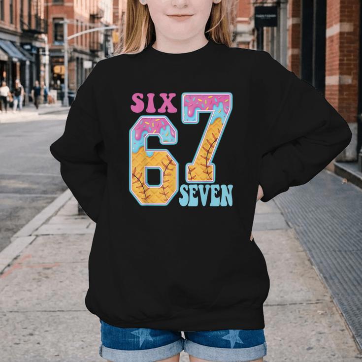 Six Seven Drip Baseball Player Number 67 Or 67th Birthday Youth Crewneck Sweatshirt