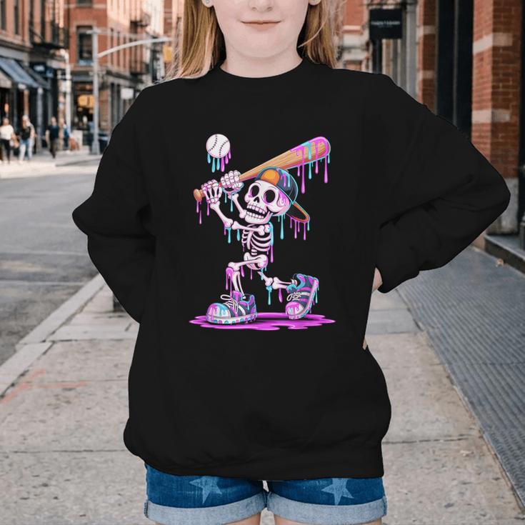 Skeleton Baseball Drip Boys Youth Kids Halloween Youth Crewneck Sweatshirt