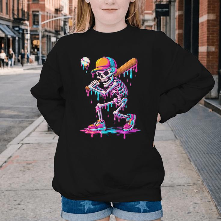 Skelton Playing Baseball Halloween Baseball Drip Boys Kids Youth Crewneck Sweatshirt