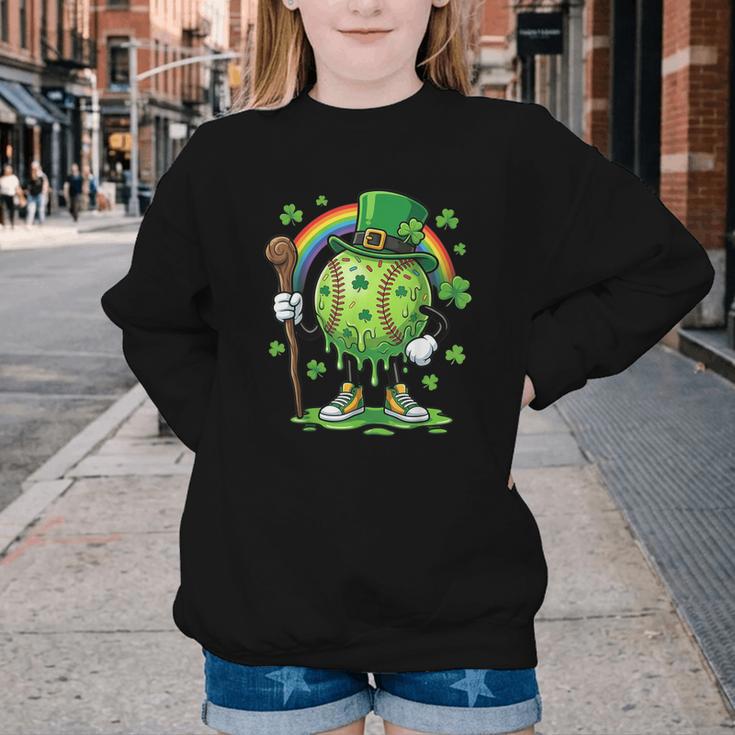St Patricks Day Baseball Leprechaun Rainbow Green Baseball Youth Crewneck Sweatshirt