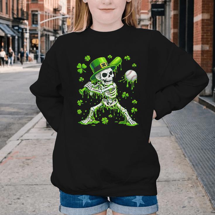 St Patricks Day Baseball Skeleton Irish Leprechaun Hat Boys Youth Crewneck Sweatshirt