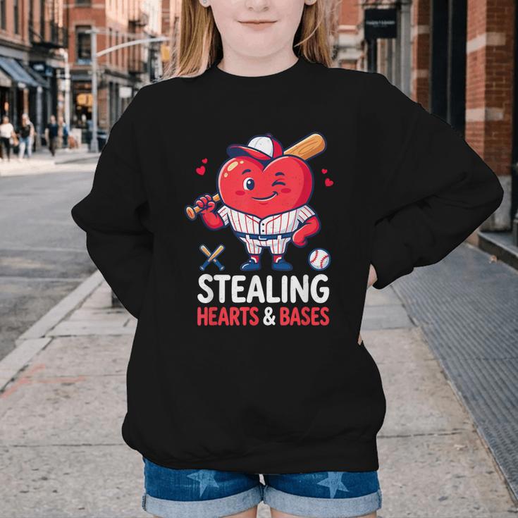 Stealing Hearts And Bases Baseball Player Valentine's Day Youth Crewneck Sweatshirt