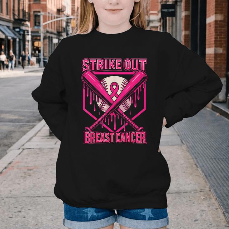 Strike Out Breast Cancer Baseball Ice Cream Drip Youth Crewneck Sweatshirt