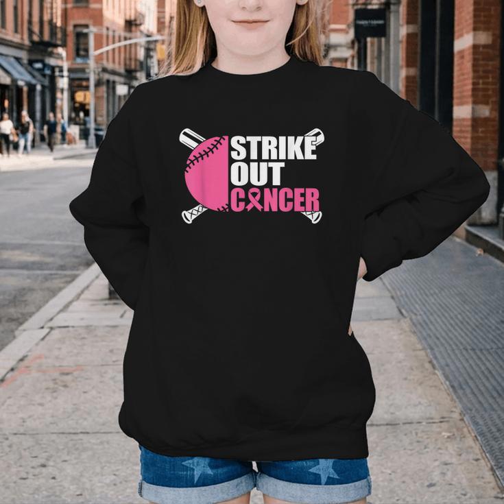 Strike Out Cancer Breast Cancer Awareness Baseball Warrior Youth Crewneck Sweatshirt