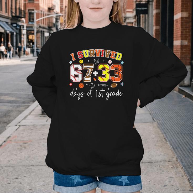 I Survived 6733 Days Of 1st Grade Baseball Football 100 Day Youth Crewneck Sweatshirt I Survived 6733 Days Of 1st Grade Baseball Football 100 Day Youth Crewneck Sweatshirt