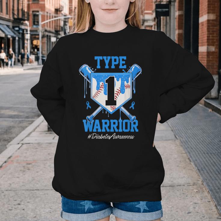 T1D Warrior Baseball Drip Diabetes Awareness Blue Ribbon Youth Crewneck Sweatshirt