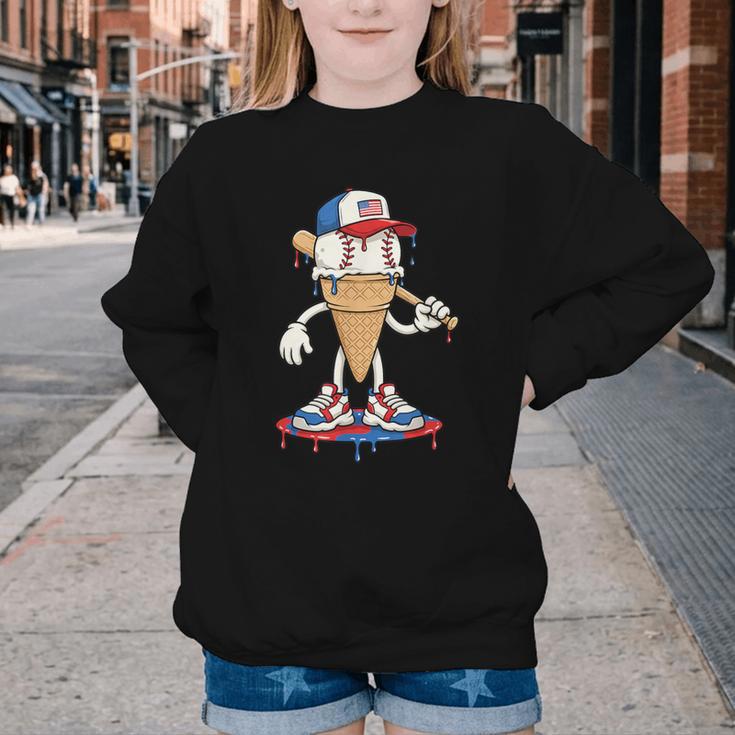 USA Patriotic Baseball Ice Cream Cone Freedom Youth Crewneck Sweatshirt