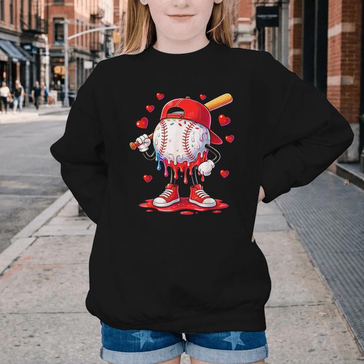 Valentine Baseball Heart Drip Sport Love Valentines Day Boys Youth Crewneck Sweatshirt