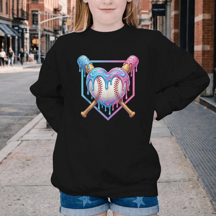 Valentines Baseball Heart Dripping Ice Cream Gen Z Alpha Youth Crewneck Sweatshirt