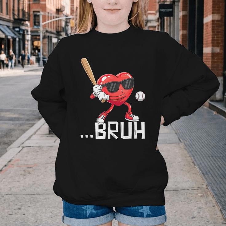 Valentines Bruh Red Heart Playing Baseball Men Boys Kids Youth Crewneck Sweatshirt