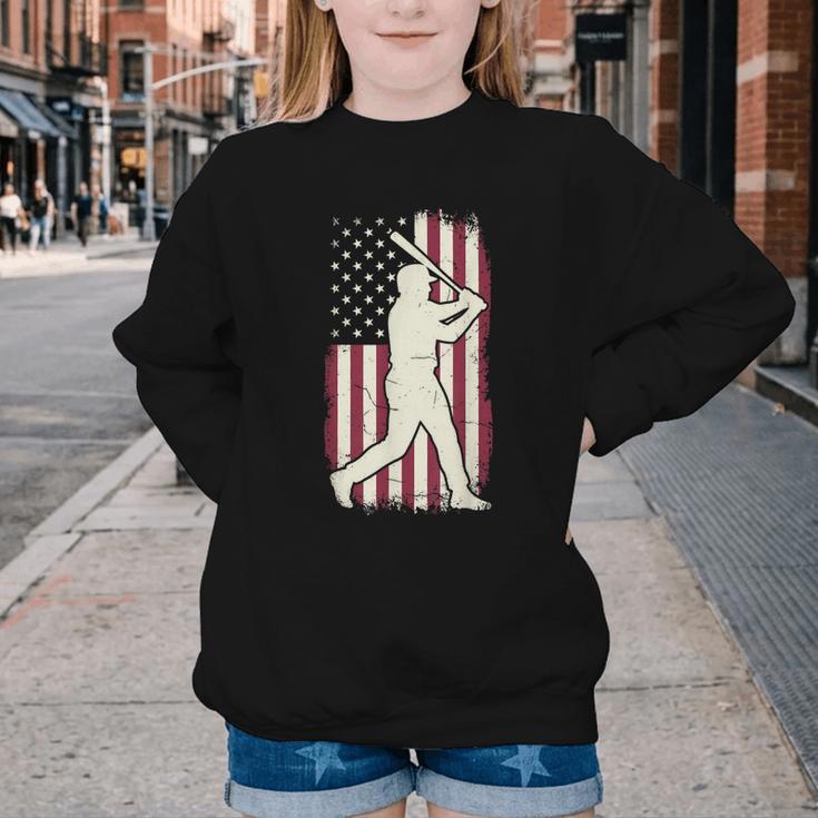 Vintage American Flag Baseball Batter Patriotic Home Run Youth Crewneck Sweatshirt