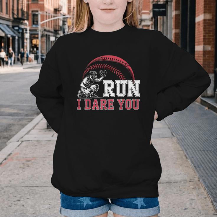Vintage Humor Baseball Apparel Run I Dare You Youth Crewneck Sweatshirt Vintage Humor Baseball Apparel Run I Dare You Youth Crewneck Sweatshirt