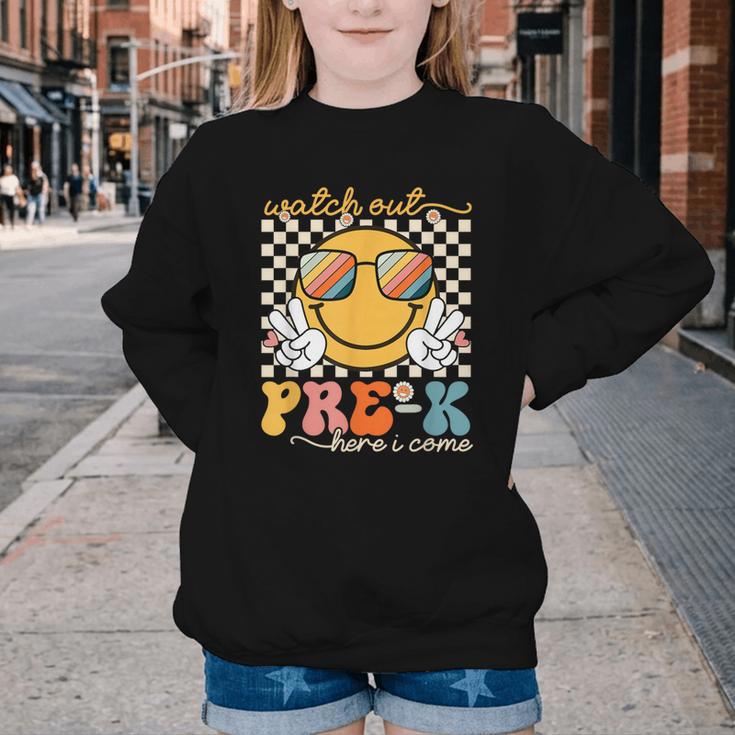 Watch Out Pre-K Grade Here I Come Back To School Pre-K Smile Youth Crewneck Sweatshirt Watch Out Pre-K Grade Here I Come Back To School Pre-K Smile Youth Crewneck Sweatshirt