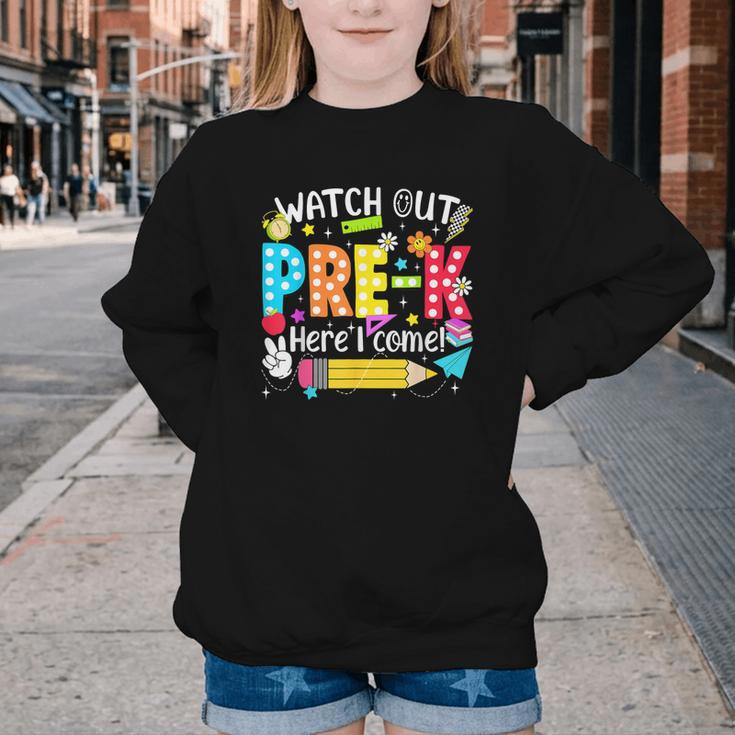 Watch Out Pre-K Here I Come Kinder Back To School Pre-K Kids Youth Crewneck Sweatshirt Watch Out Pre-K Here I Come Kinder Back To School Pre-K Kids Youth Crewneck Sweatshirt
