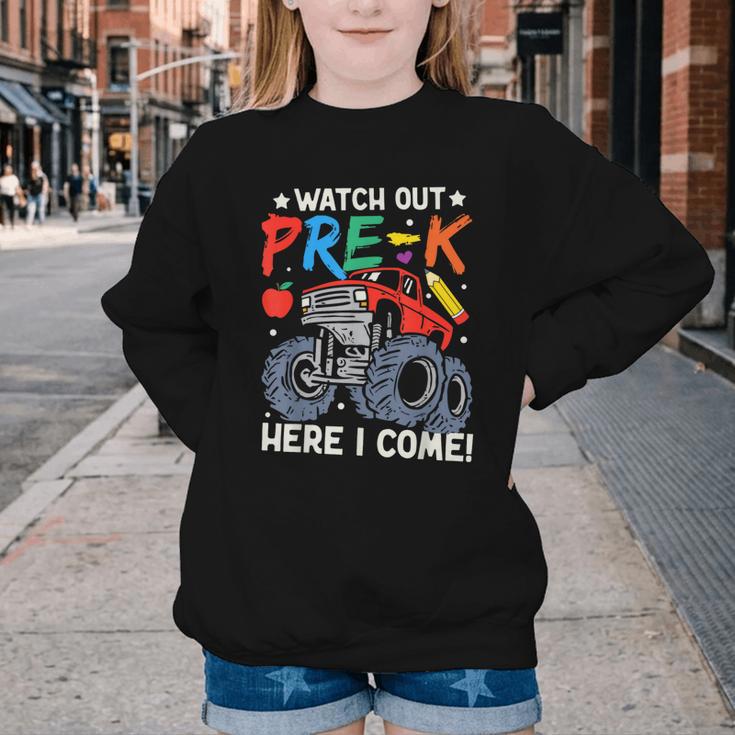 Watch Out Pre-K Here I Come Monster Truck Back To School Youth Crewneck Sweatshirt Watch Out Pre-K Here I Come Monster Truck Back To School Youth Crewneck Sweatshirt