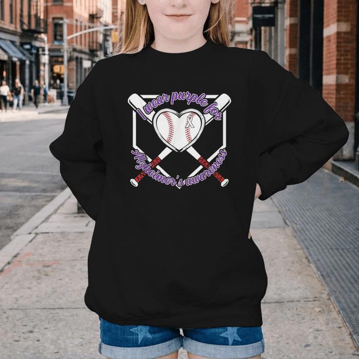 I Wear Purple For Alzheimers Awareness Baseball Heart Ribbon Youth Crewneck Sweatshirt I Wear Purple For Alzheimers Awareness Baseball Heart Ribbon Youth Crewneck Sweatshirt
