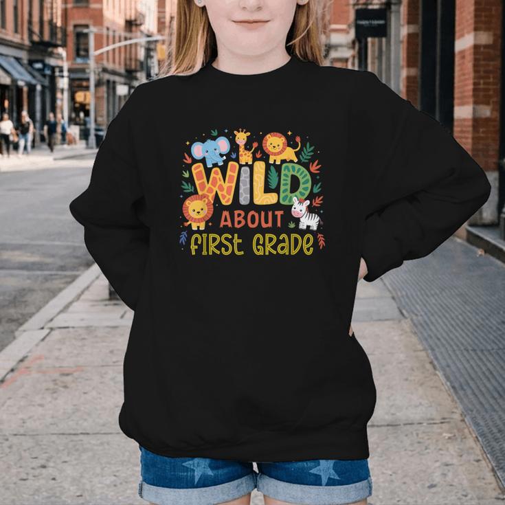 Wild About First Grade Safari Jungle Animals Back To School Youth Crewneck Sweatshirt