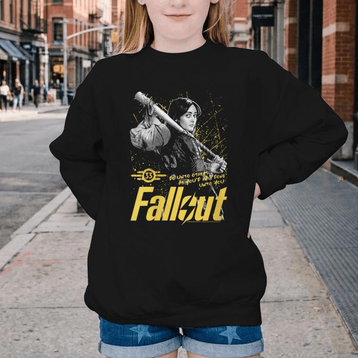 Women's Fallout TV Series Lucy Do Unto Others Baseball Bat Gamer Youth Crewneck Sweatshirt Women's Fallout TV Series Lucy Do Unto Others Baseball Bat Gamer Youth Crewneck Sweatshirt