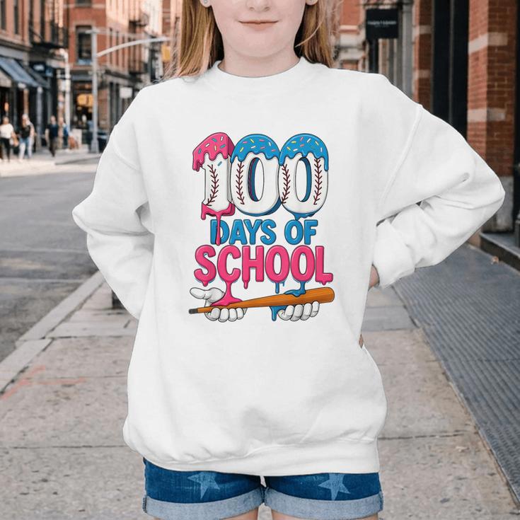 100 Days Of School Baseball Drip Bat 100th Day Of School Boy Youth Crewneck Sweatshirt