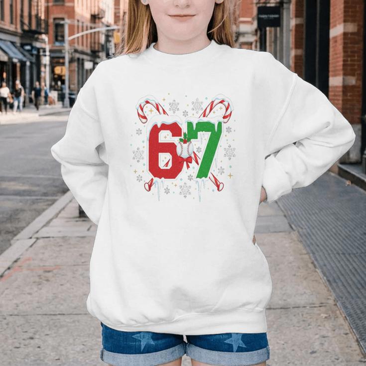 67 Baseball Christmas Candy Cane Snowflake Holiday Sports Youth Crewneck Sweatshirt